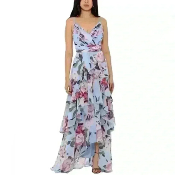 XSCAPE Floral-Print Ruffled High-Low Sleeveless Gown Size 2 - Picture 1 of 14